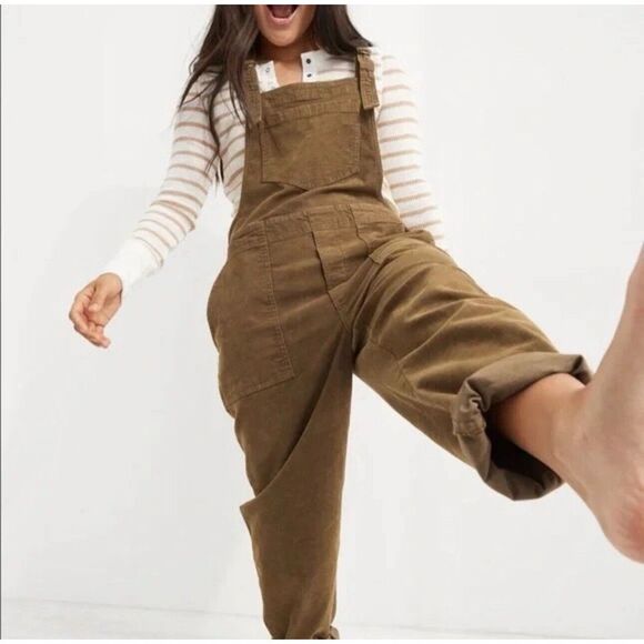 Aerie Werk &‎ Play Corduroy Overalls Plus Size XS Brown Wide Leg Frayed Hem Farm - Picture 3 of 16